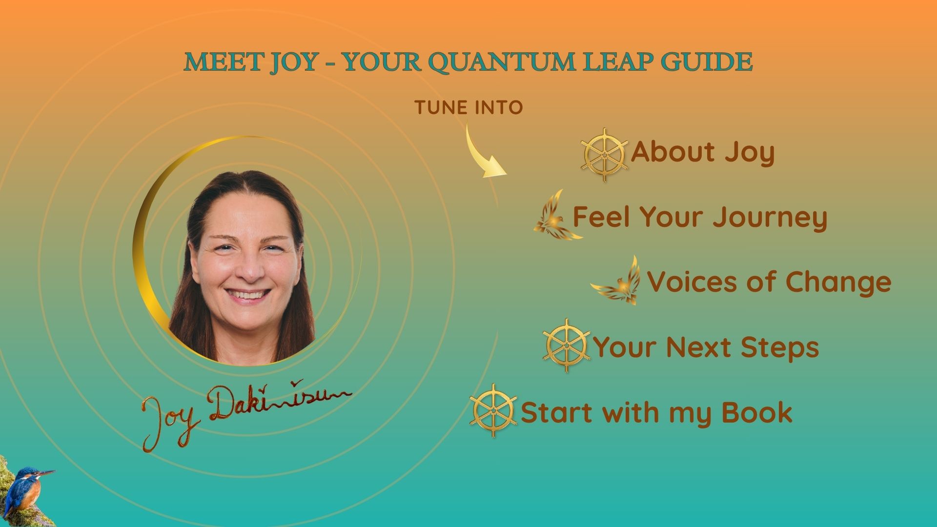 QuantumLeapWIthJoy_Short Overview through website content_The Invitaion_About Joy_What I offer_Transformation Stories_Your next step_Start with my book